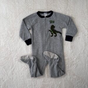 Vtg Carter's Gray T-Rex Dinosaur Fleece Footed Pajamas Sleepwear Kids 3T